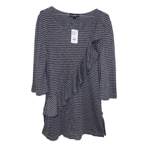 NWT SUZANNE BITRO Gray & White Stripe Ruffle Surplice Tunic Size Med - Picture 1 of 12